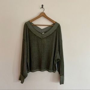 Free People Green Waffle Top